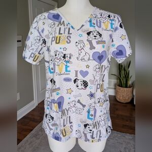 Disney 101 Dalmatians Scrub Top Cotton V-Neck Nurse Vet Uniform Size S
